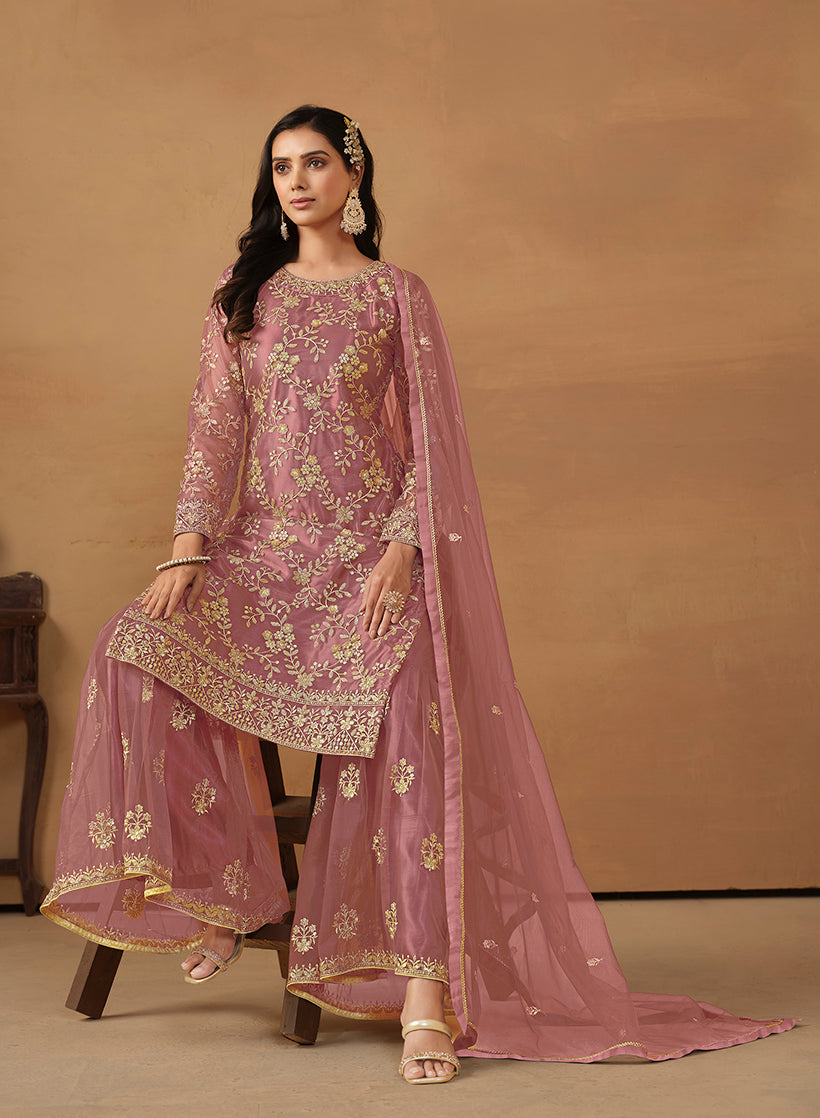 Monjolika Fashion Light Pink Net Embroidered Trendy Salwar Suit