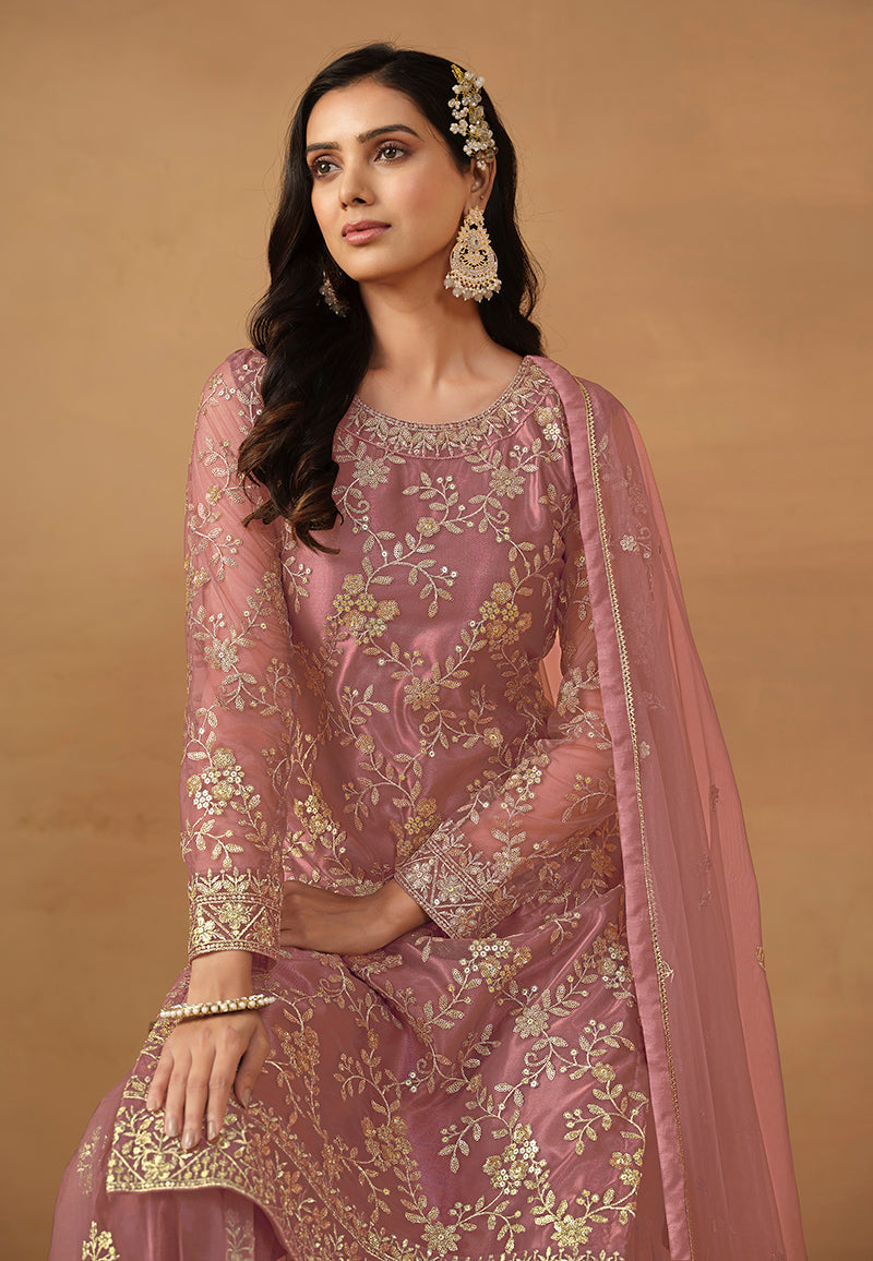 Monjolika Fashion Light Pink Net Embroidered Trendy Salwar Suit