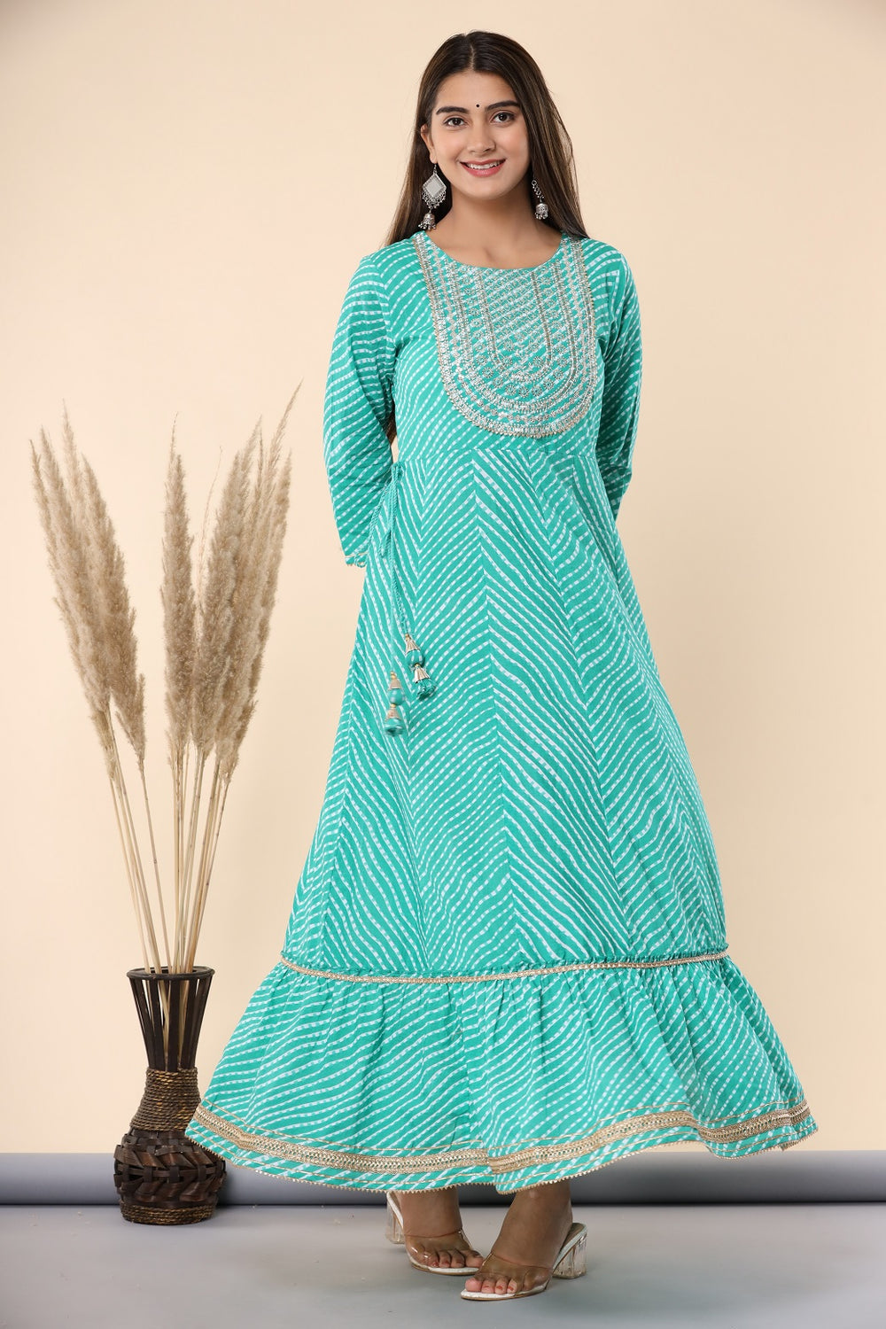 Juniper Women's Green Printed Embroidered Mirror Work Sequin Cotton Flared Dress