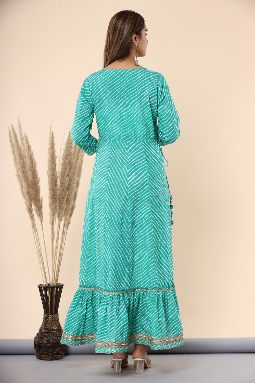 Juniper Women's Green Printed Embroidered Mirror Work Sequin Cotton Flared Dress