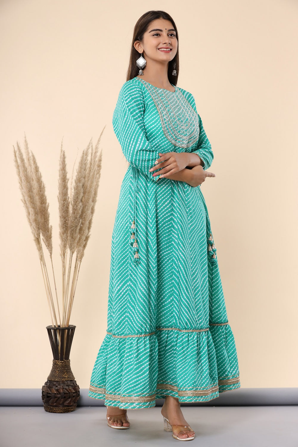Juniper Women's Green Printed Embroidered Mirror Work Sequin Cotton Flared Dress