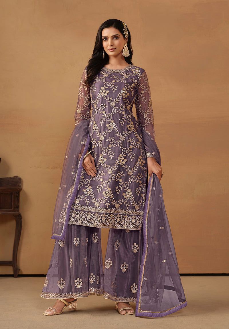Monjolika Fashion Purple Net Embroidered Trendy Salwar Suit