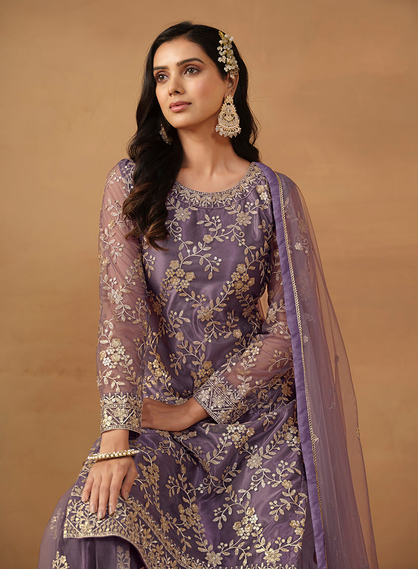 Monjolika Fashion Purple Net Embroidered Trendy Salwar Suit