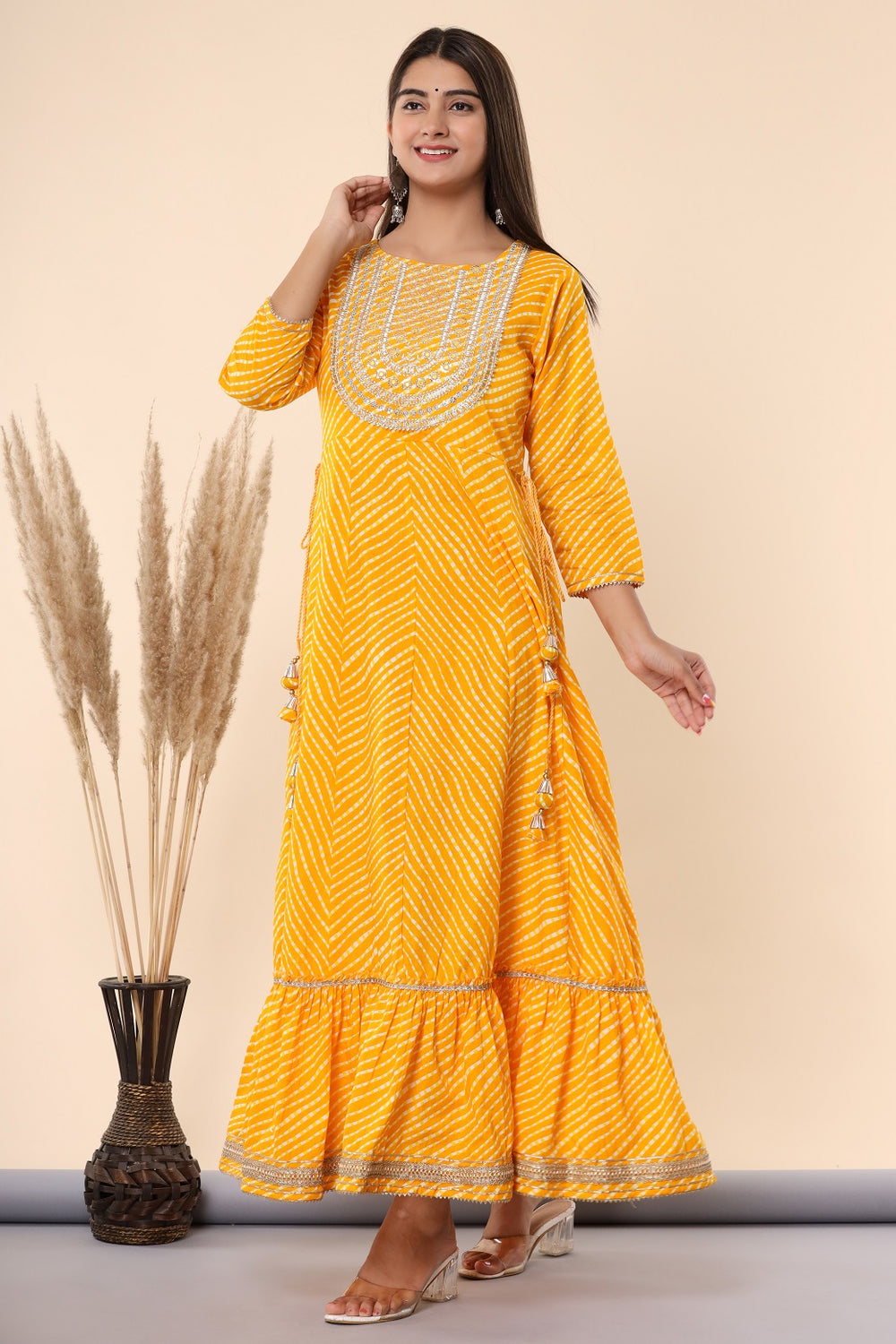 Juniper Women's Yellow Printed Embroidered Mirror Work Sequin Cotton Flared Dress