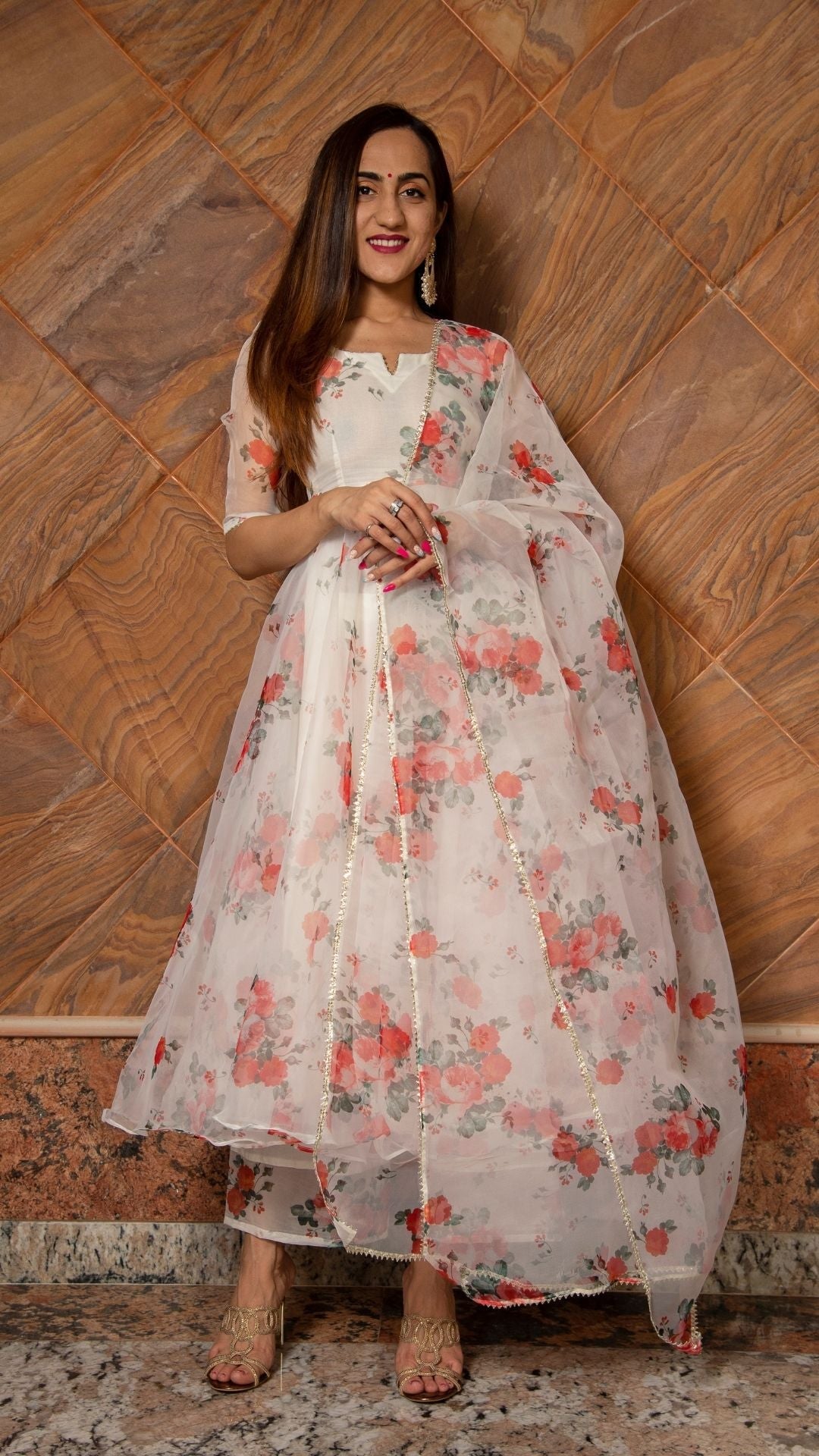 Pomcha Jaipur Red And White Floral Organza Anarkali Set 