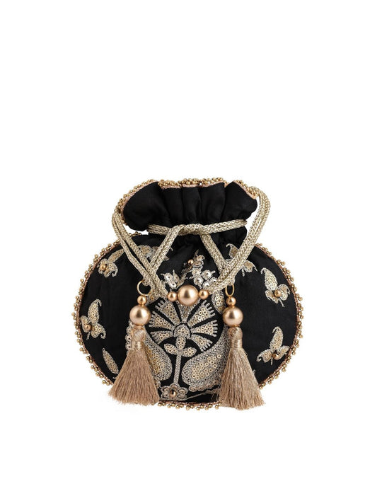 Masq Black & Gold-Toned Embellished Embroidered Potli Clutch - Grab2buy