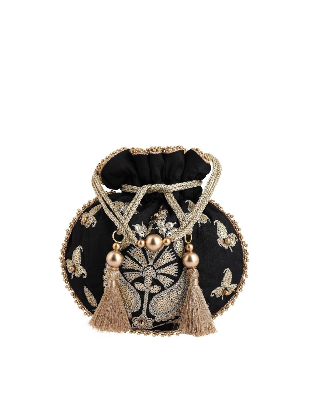 Masq Black & Gold-Toned Embellished Embroidered Potli Clutch 