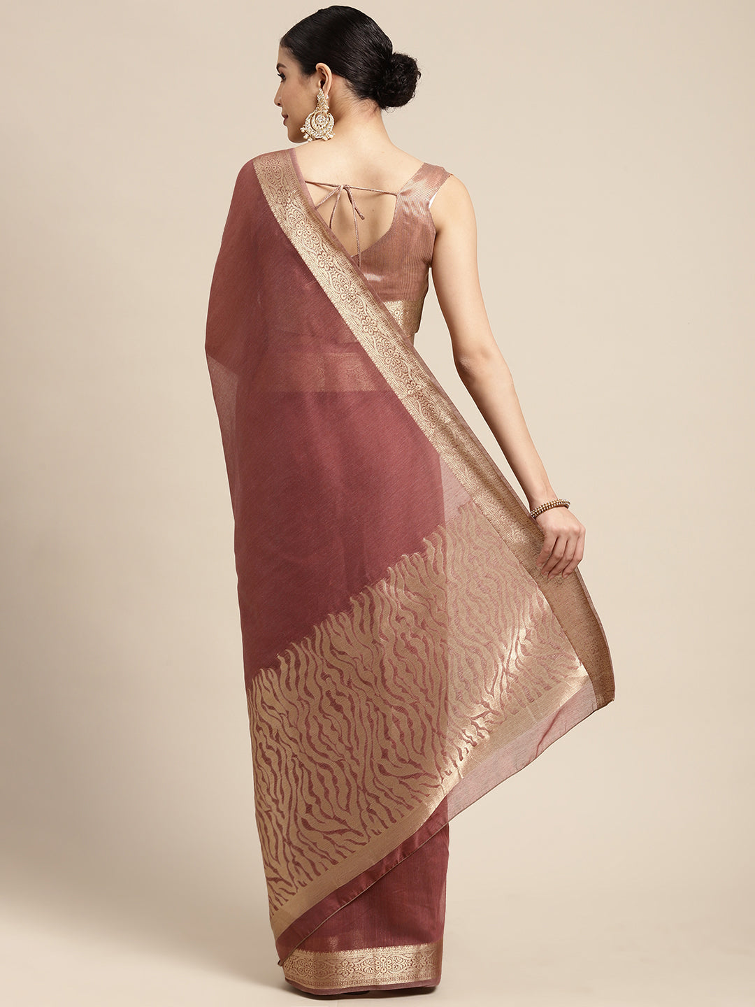 Saree Mall Mauve & Gold Solid Linen Blend Taant Saree