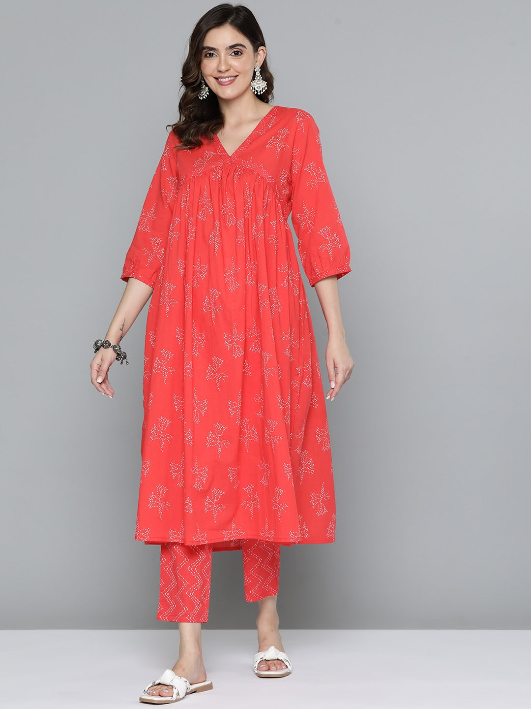 HERE&NOW Floral Print Cotton Empire Kurta with Trousers