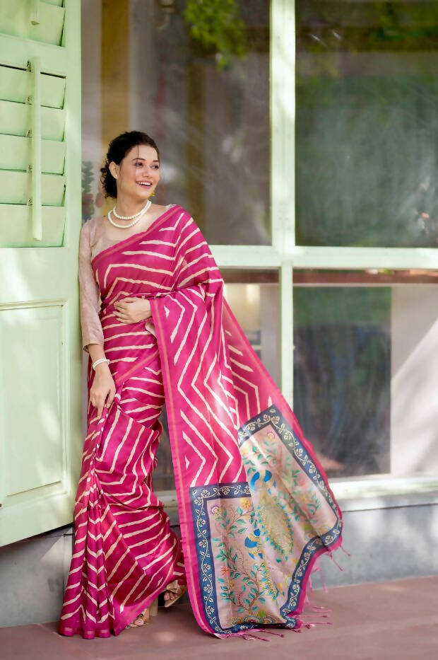 Vishnu Weaves Women's Pink Soft Tussar Silk Digital Printed Grab2Buy with Unstitched Blouse 