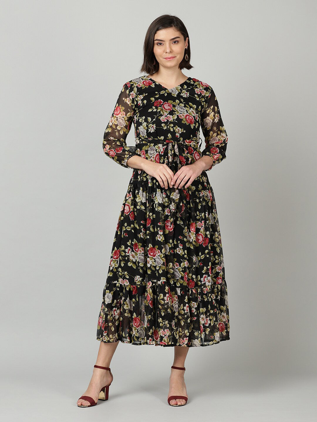 Souchii Black & Pink Floral Chiffon Midi Dress 