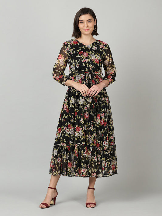 Souchii Black & Pink Floral Chiffon Midi Dress 