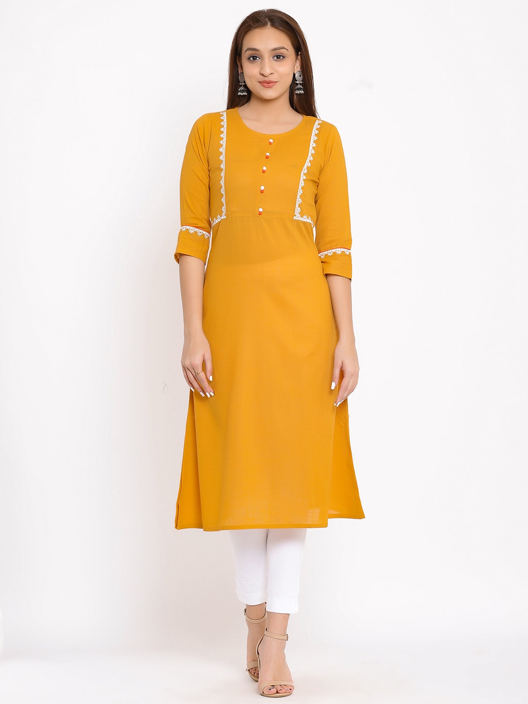 HERE&NOW Mustard Yellow & White Ethnic Motifs Embroidered Straight Kurta