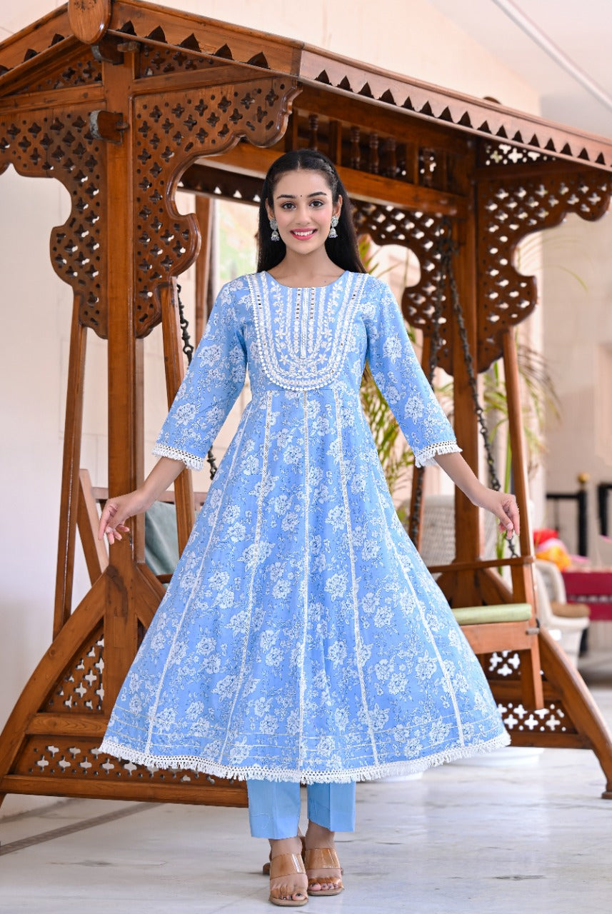 Juniper Women's Sky Blue Cotton Printed Straight Kurta Pant Dupatta Set