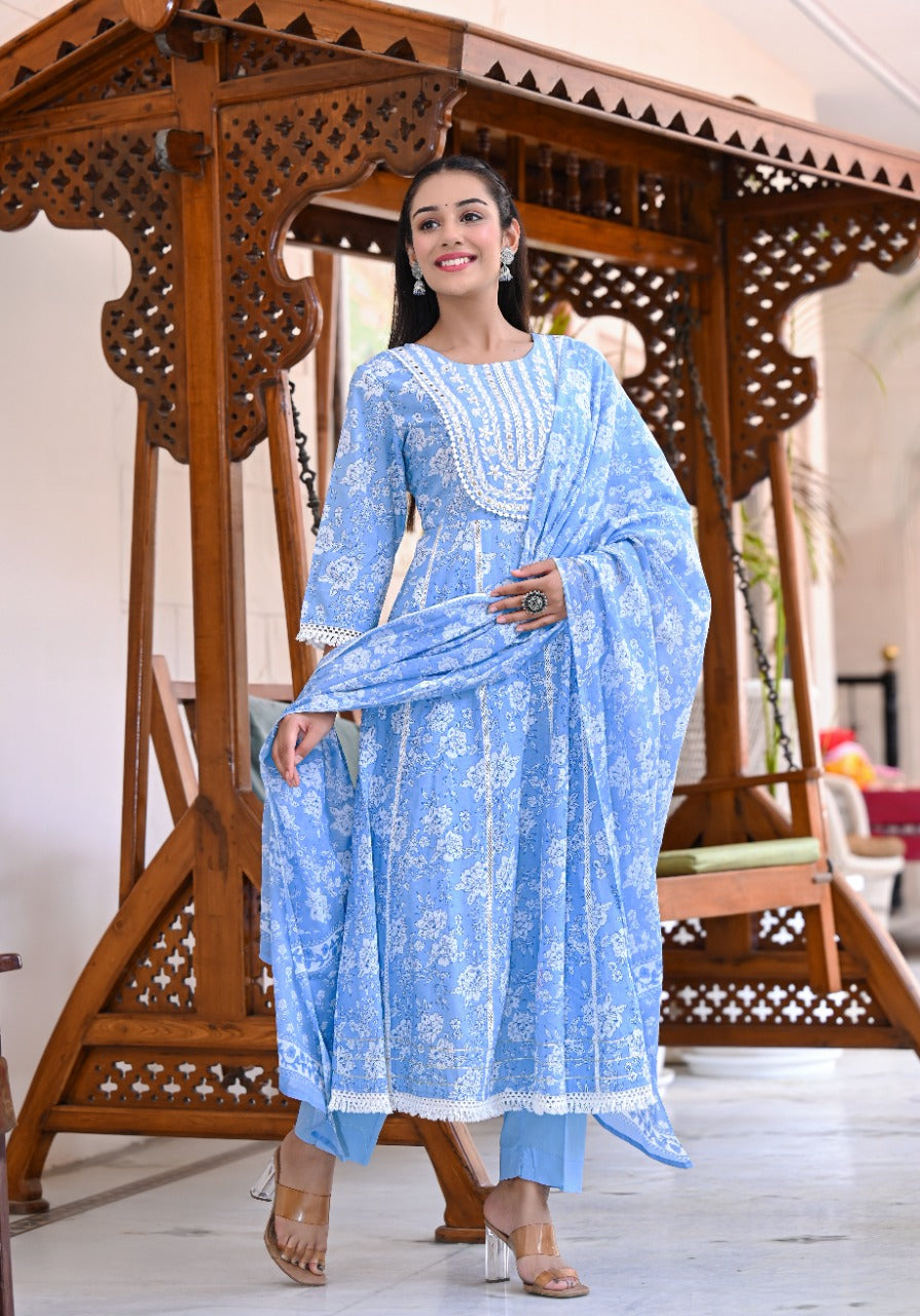 Juniper Women's Sky Blue Cotton Printed Straight Kurta Pant Dupatta Set