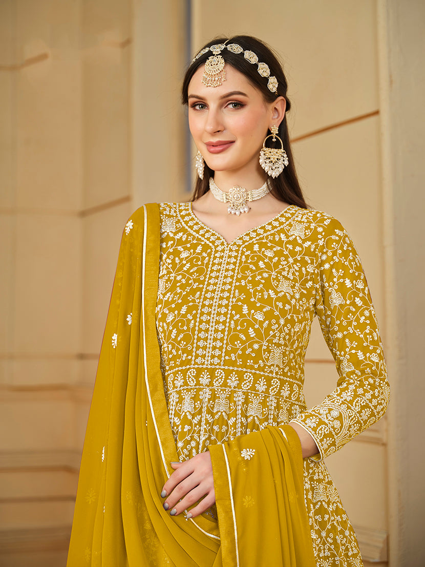 Monjolika Fashion Faux Georgette Mustard Anarkali Salwar Kameez