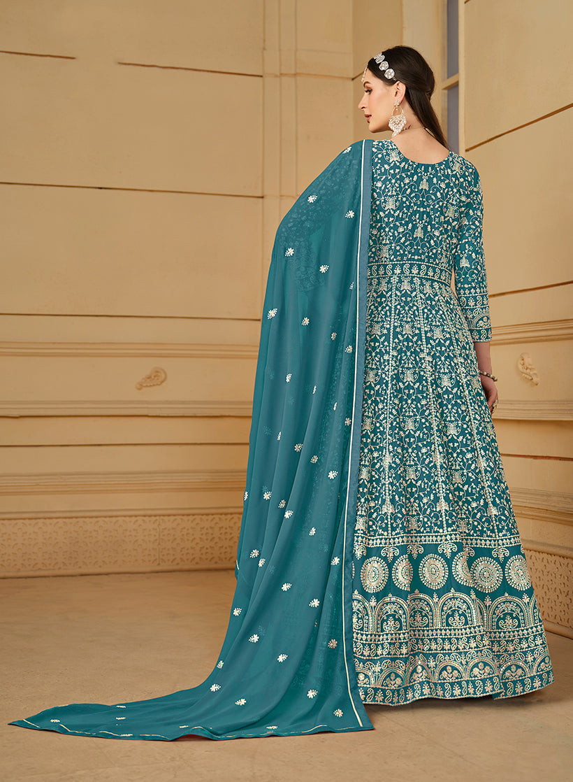 Monjolika Fashion Faux Georgette Teal Anarkali Salwar Kameez