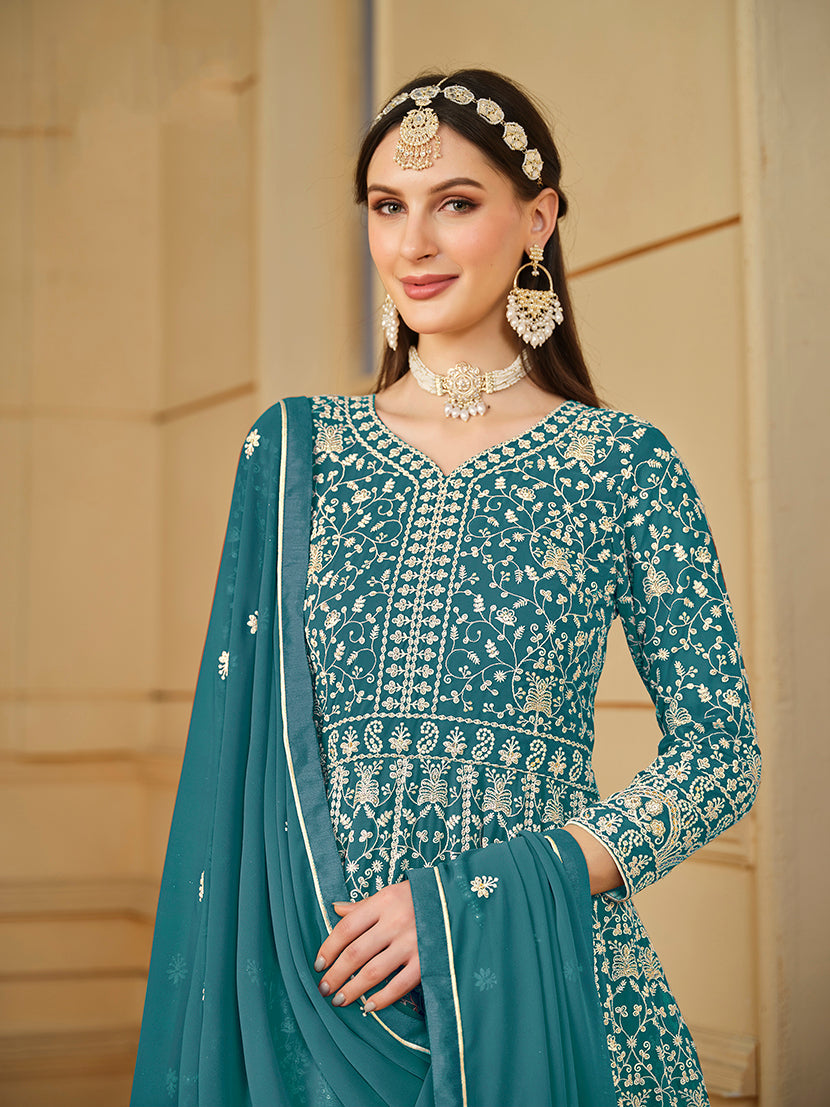 Monjolika Fashion Faux Georgette Teal Anarkali Salwar Kameez