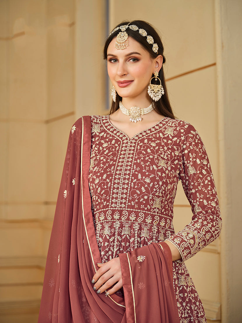 Monjolika Fashion Faux Georgette Light Brown Anarkali Salwar Kameez