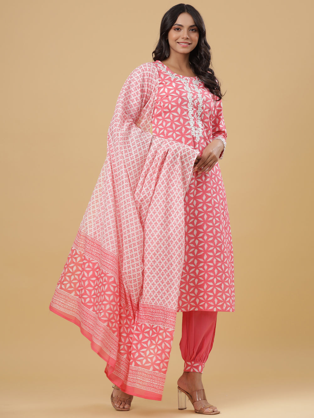 Juniper Women's Pink Cotton Printed Straight Kurta Pant Dupatta Set