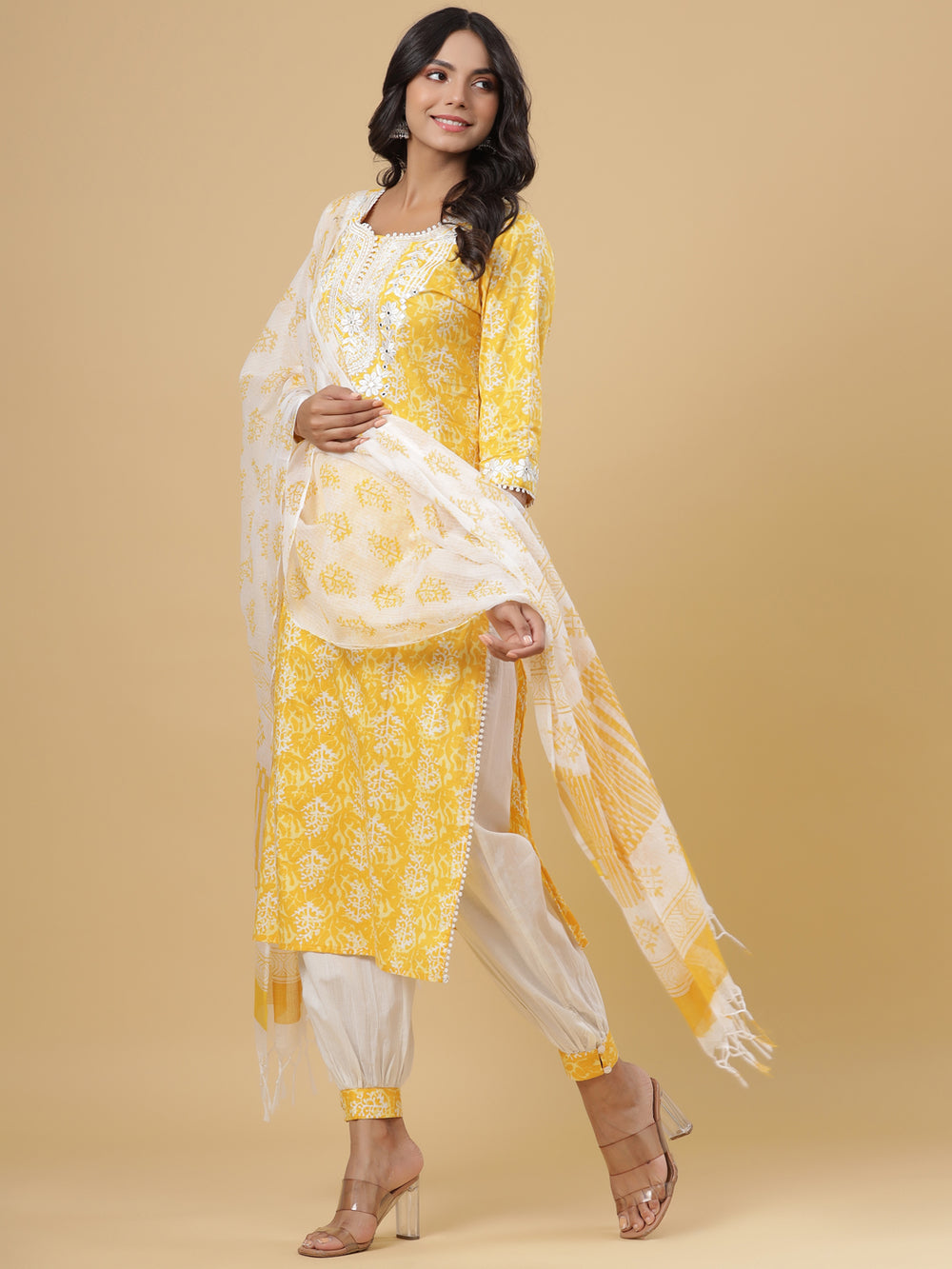Juniper Women's Yellow Cotton Printed Straight Kurta Pant Dupatta Set