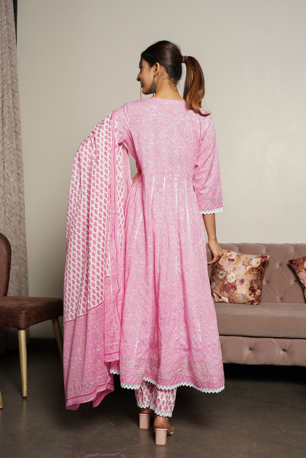 Juniper Women's Pink Cotton Printed Straight Kurta Pant Dupatta Set