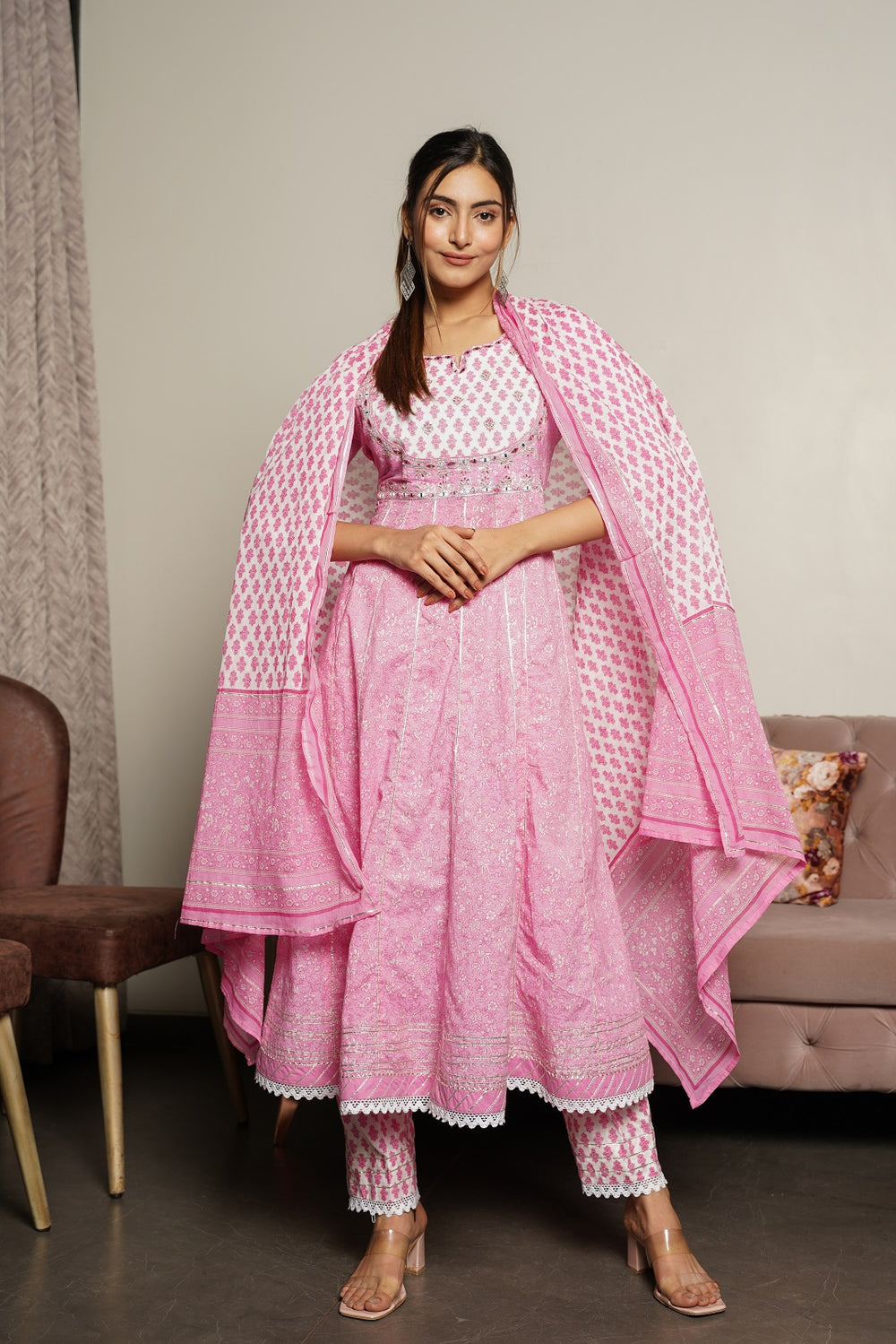 Juniper Women's Pink Cotton Printed Straight Kurta Pant Dupatta Set