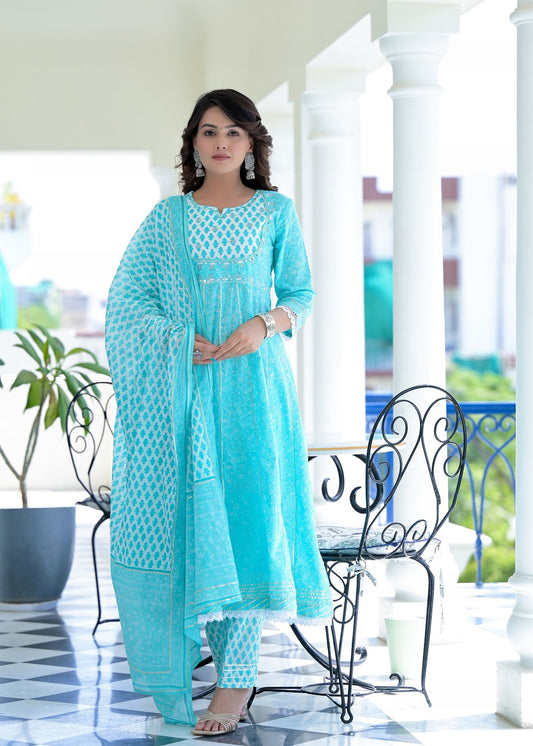 Juniper Women's Sky Blue Cotton Printed Straight Kurta Pant Dupatta Set