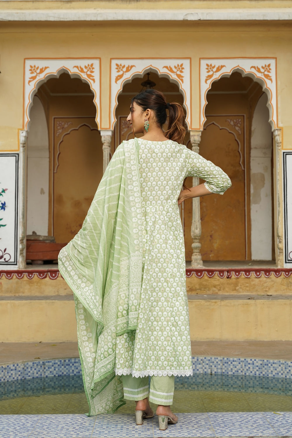 Juniper Women's Sage Green Cotton Printed Straight Kurta Pant Dupatta Set