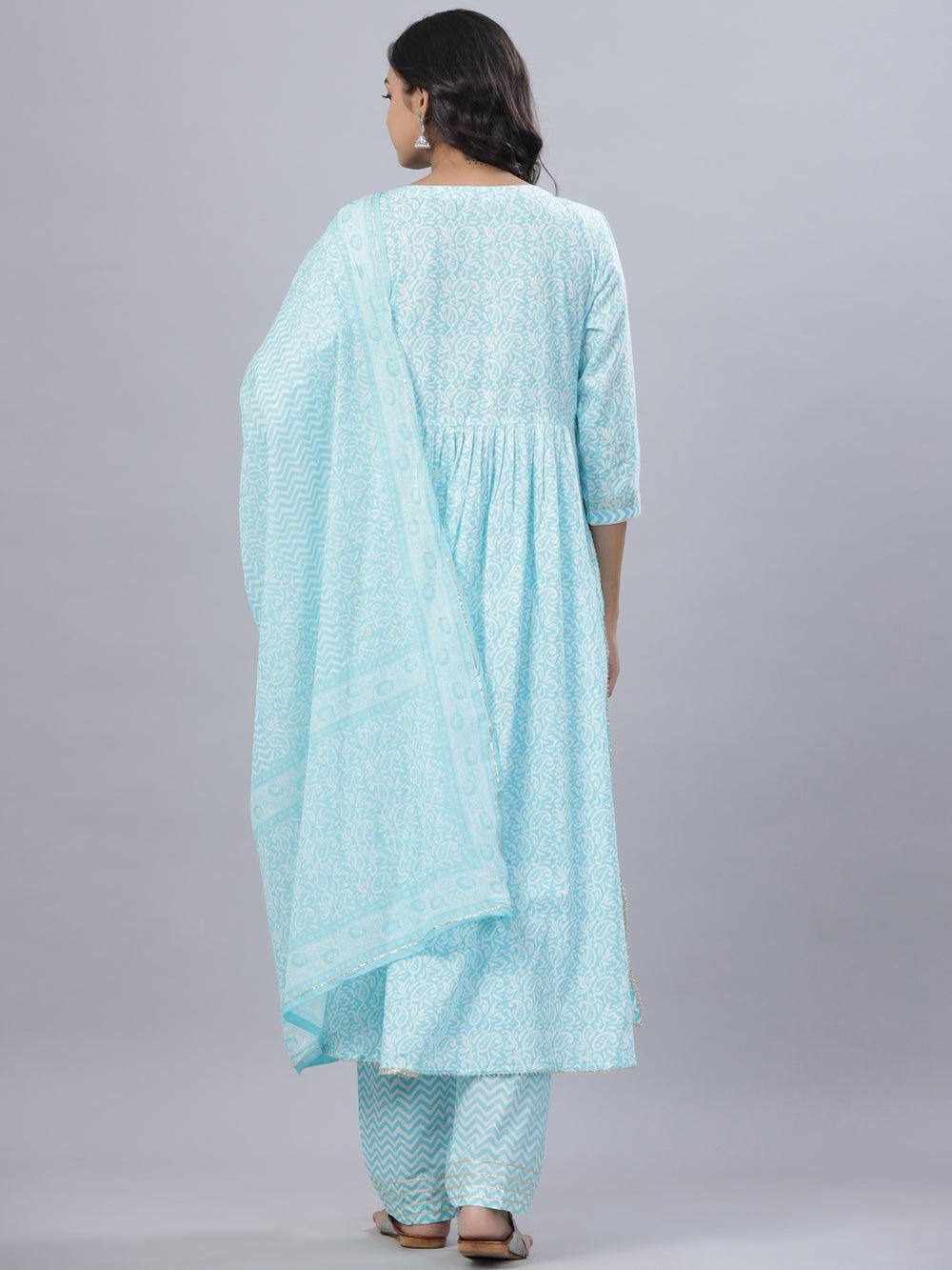 Juniper Women's Sky Blue Cotton Printed Straight Kurta Pant Dupatta Set