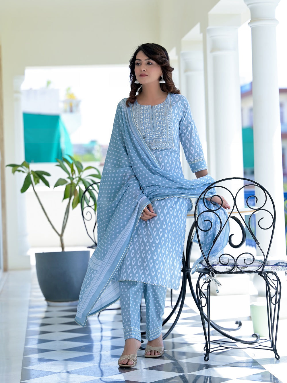 Juniper Women's Grey Cotton Printed Straight Kurta Pant Dupatta Set