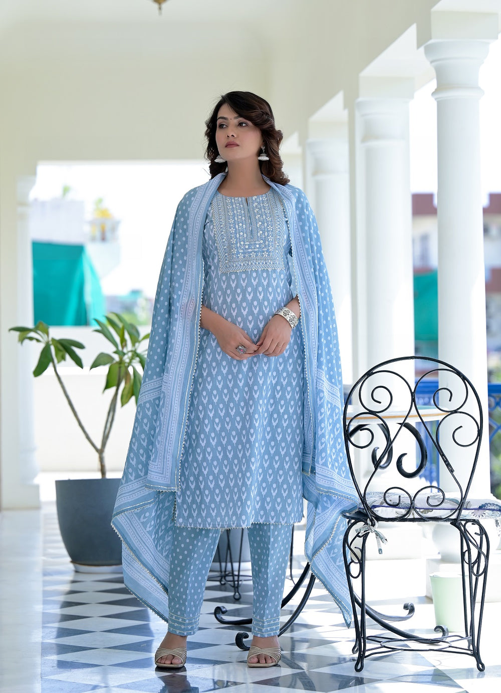 Juniper Women's Grey Cotton Printed Straight Kurta Pant Dupatta Set