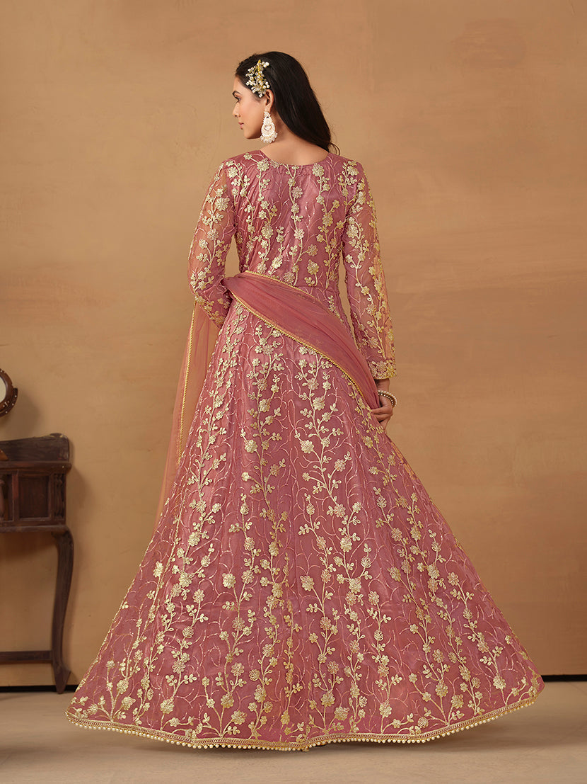 Monjolika Fashion Net Embroidered Pant Style Suit In Pink