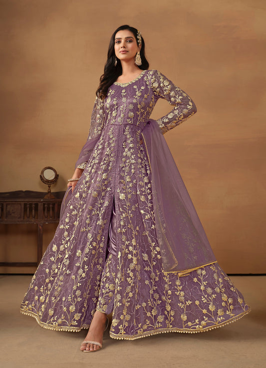 Monjolika Fashion Net Embroidered Pant Style Suit In Purple