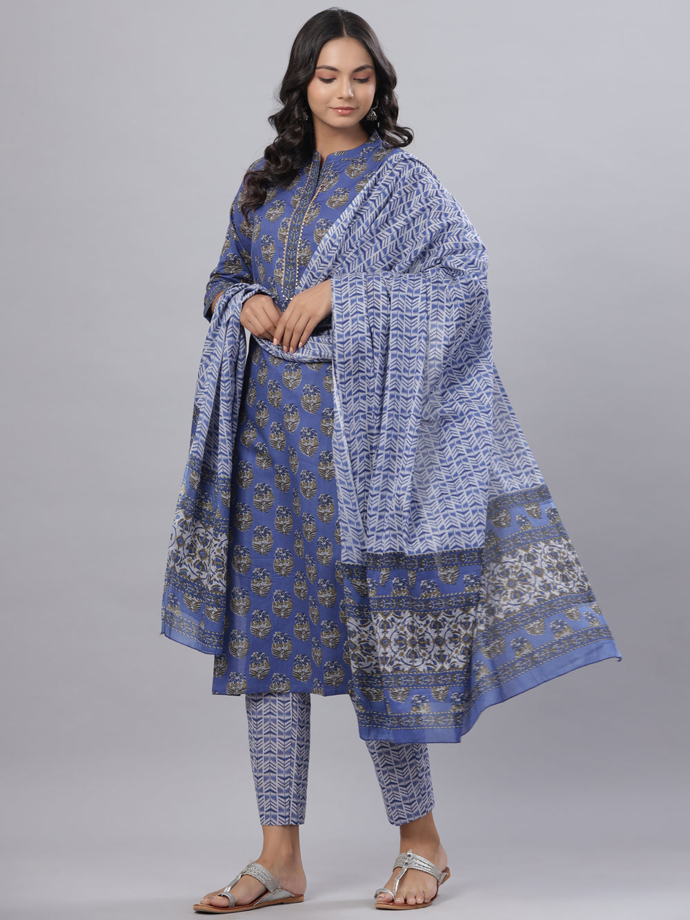 Juniper Women's Royal Blue Cotton Printed Straight Kurta Pant Dupatta Set