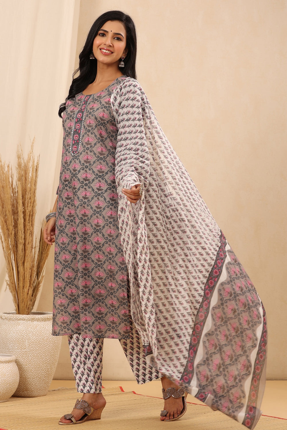 Juniper Women's Grey Cotton Printed Straight Kurta Pant Dupatta Set