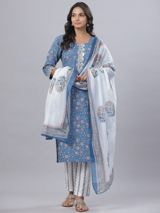 Juniper Women's Royal Blue Cotton Printed Straight Kurta Pant Dupatta Set