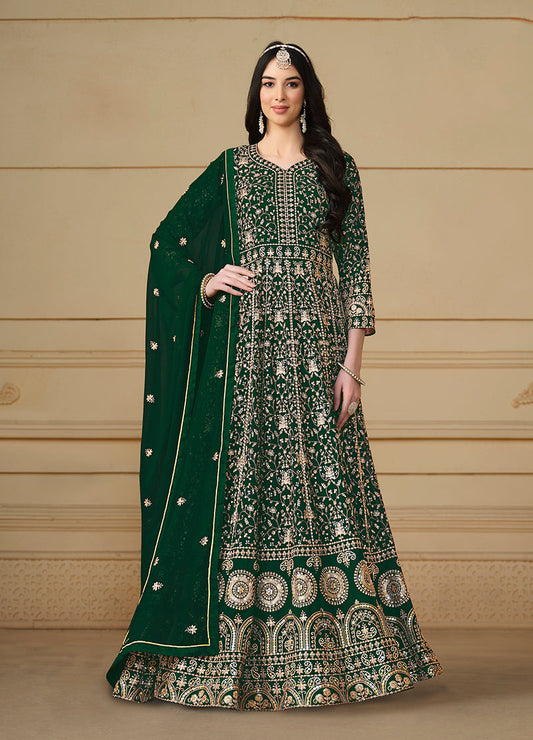 Monjolika Fashion Faux Georgette Embroidered Green Anarkali Salwar Suit