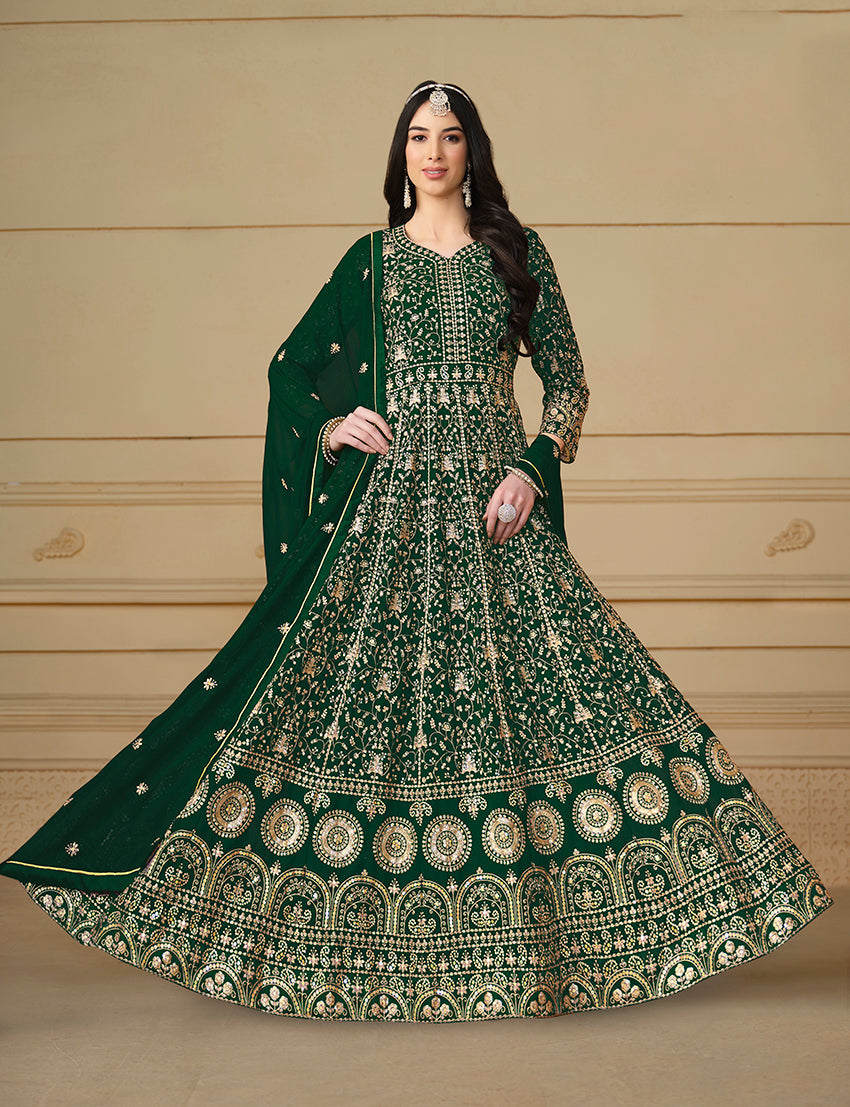 Monjolika Fashion Faux Georgette Embroidered Green Anarkali Salwar Suit