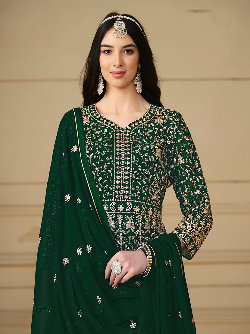Monjolika Fashion Faux Georgette Embroidered Green Anarkali Salwar Suit