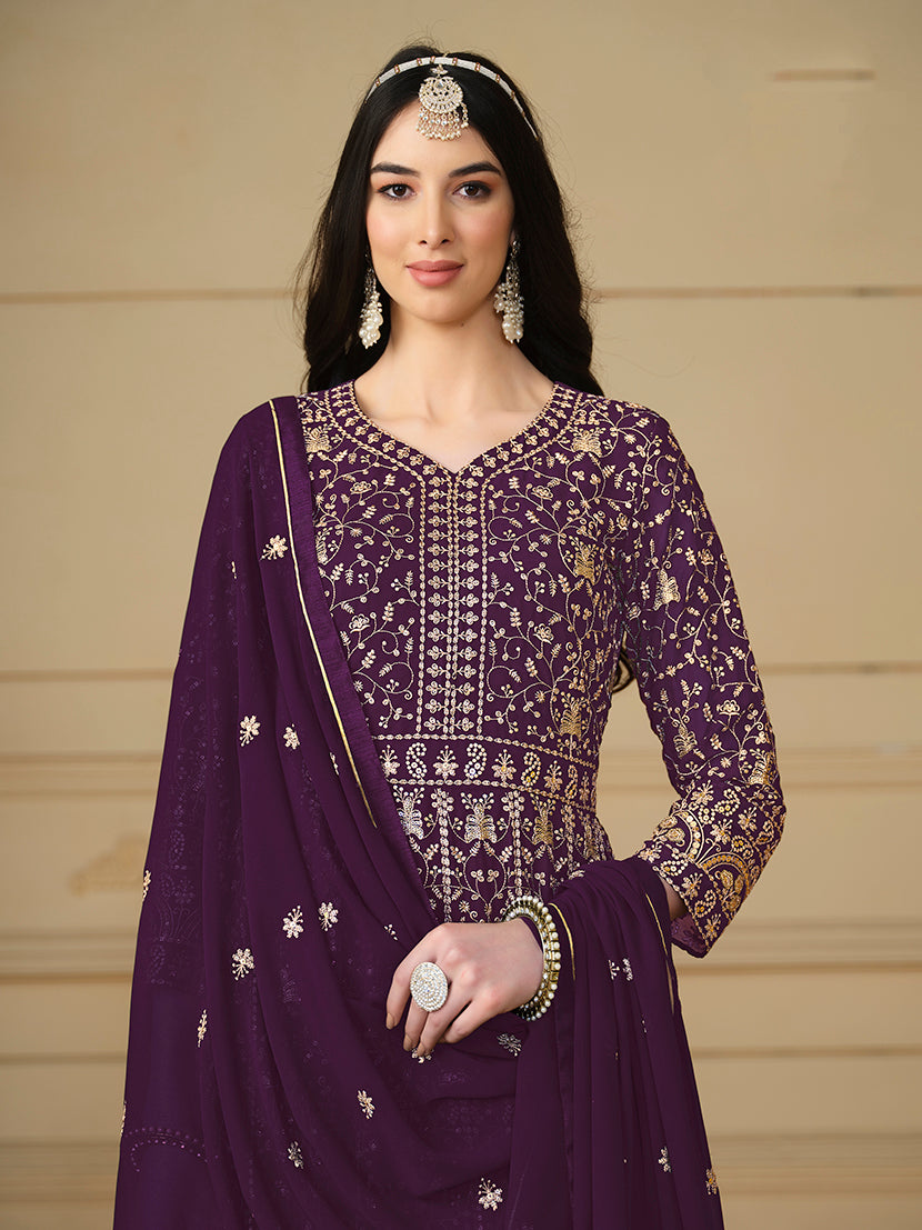 Monjolika Fashion Faux Georgette Embroidered Purple Anarkali Salwar Suit