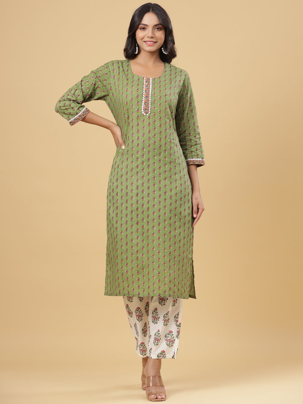 Juniper Women's Green Cotton Printed Straight Kurta Pant Dupatta Set