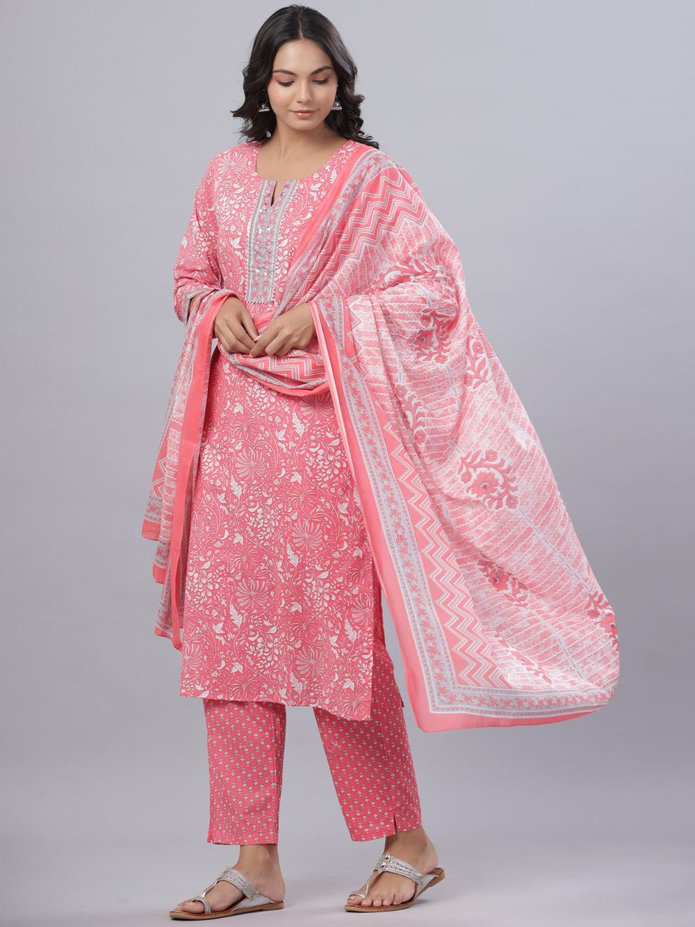 Juniper Women's Pink Cotton Printed Straight Kurta Pant Dupatta Set