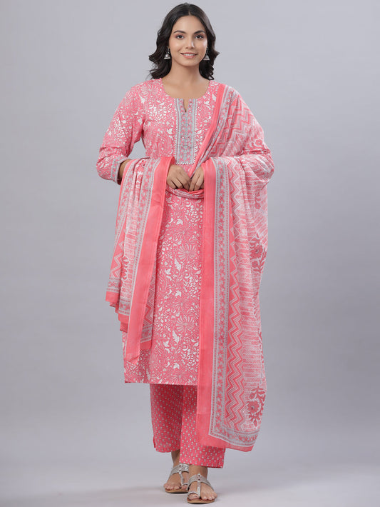 Juniper Women's Pink Cotton Printed Straight Kurta Pant Dupatta Set