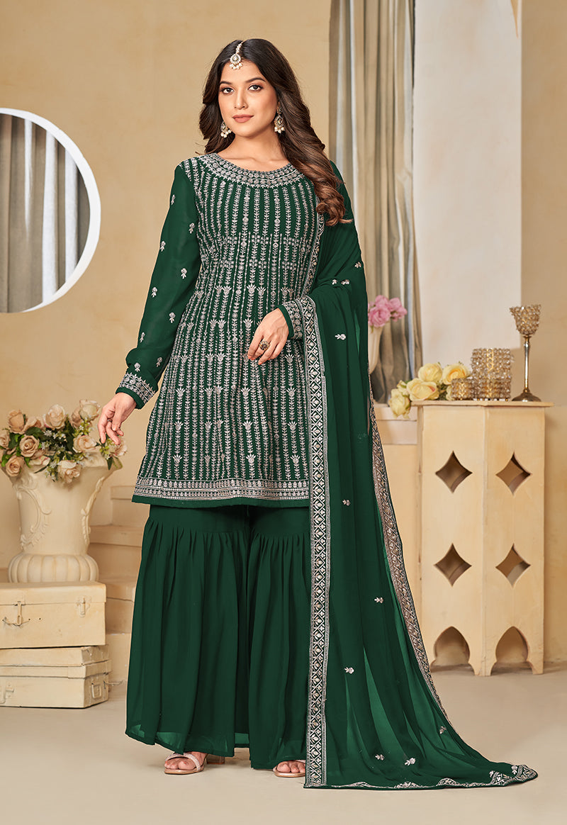 Monjolika Fashion Embroidered Green Faux Georgette Trendy Salwar Kameez