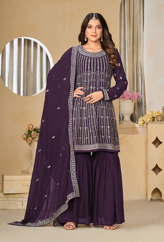 Monjolika Fashion Embroidered Purple Faux Georgette Trendy Salwar Kameez
