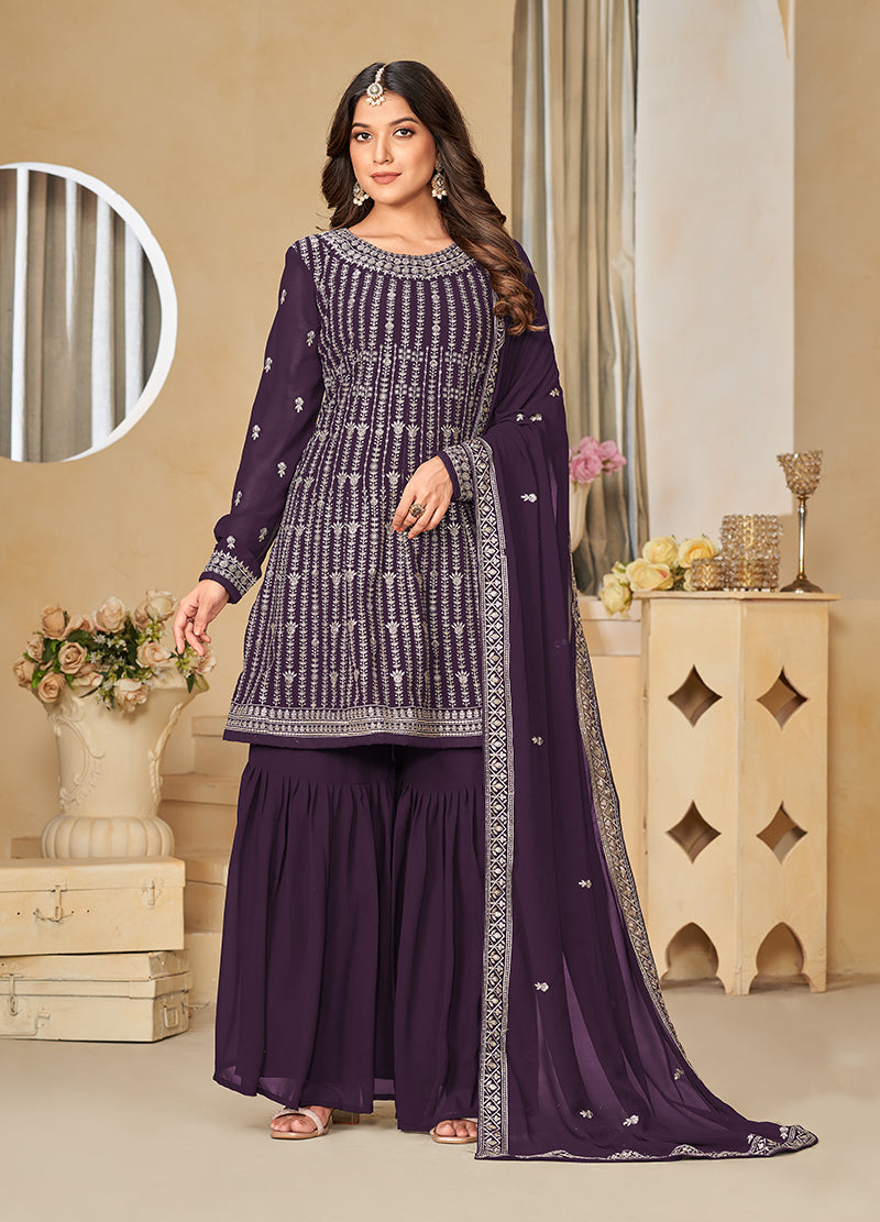 Monjolika Fashion Embroidered Purple Faux Georgette Trendy Salwar Kameez
