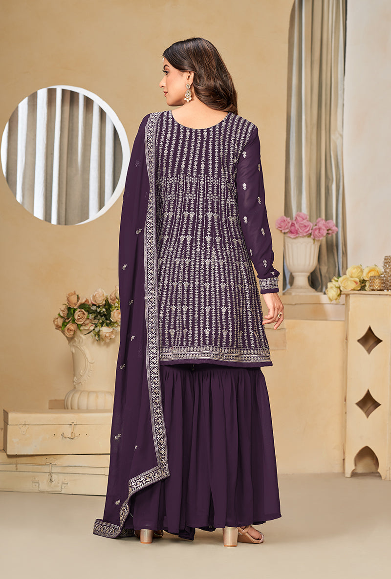 Monjolika Fashion Embroidered Purple Faux Georgette Trendy Salwar Kameez