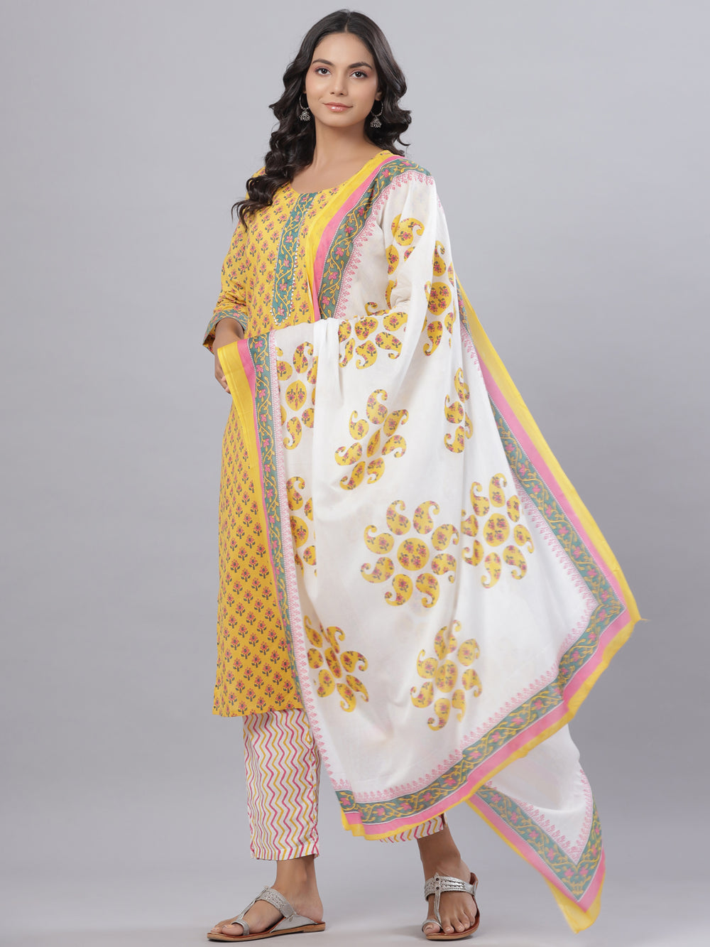 Juniper Women's Cotton Printed Straight Yellow Kurta Pant Dupatta Set