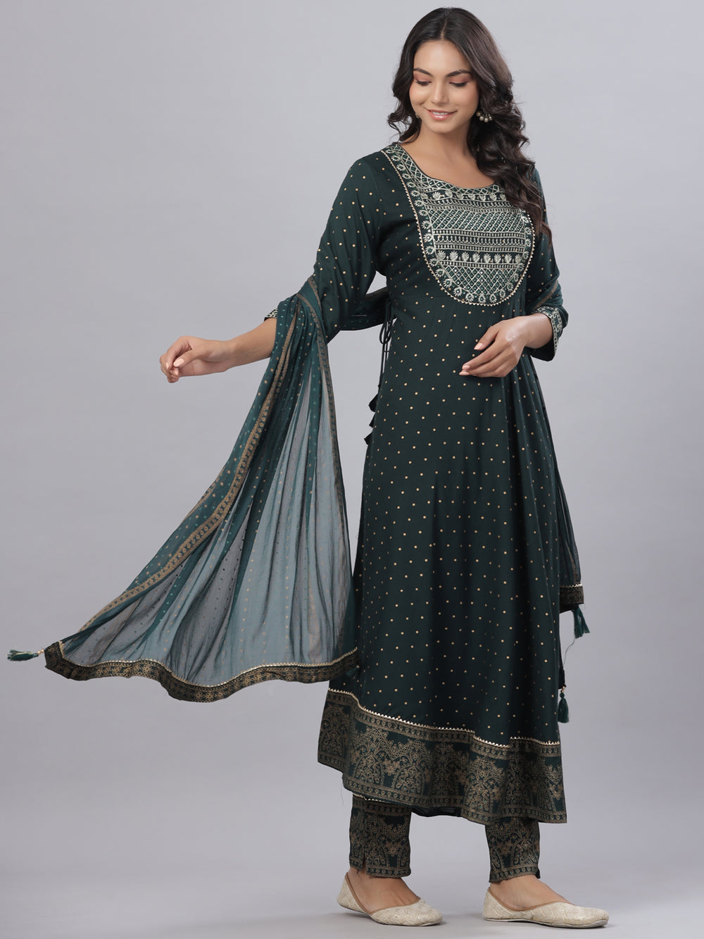 Juniper Women's Bottle Green Rayon Printed Embroidered A-Line Kurta Pant Set